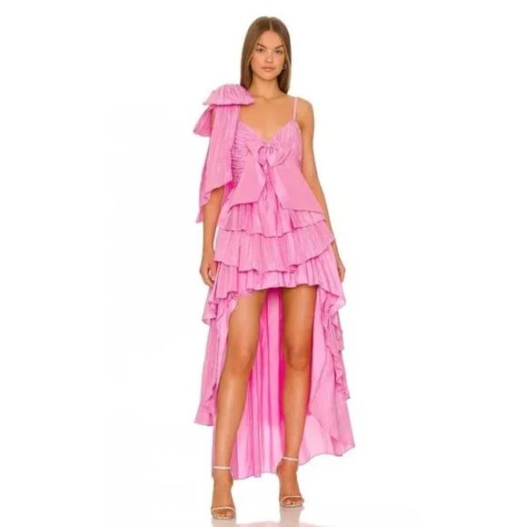 $795 LoveShackFancy Pink Raylene Tiered Pleated Bow High Low Maxi Dress 6 - Picture 1 of 16